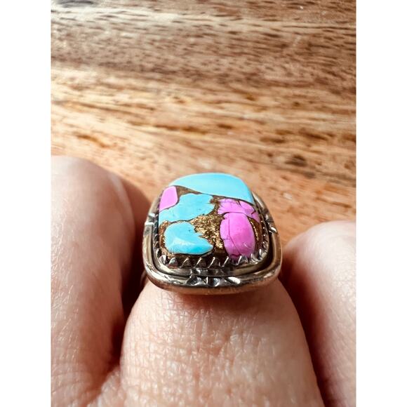 Sterling Silver Cotton Candy Turquoise Ring Pink Blue Size 5.75 6g Boho Jewelry - Picture 5 of 10